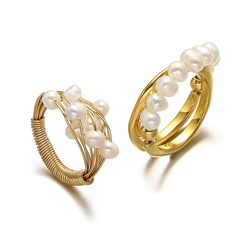 Brass retro elegant organic ring handmade pearl