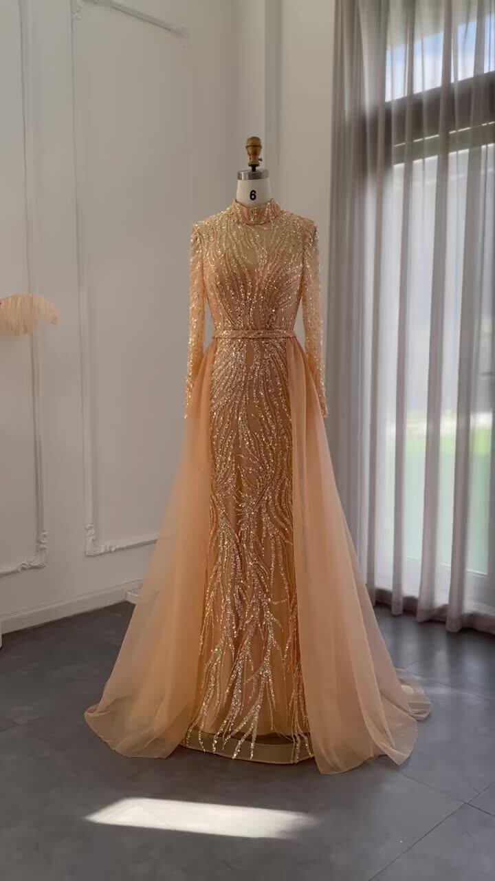 Elegant Gold Mermaid Arabic Evening Dress With Overskirt Long Sleeves  Luxury Muslim Wedding Formal Party Gown Scz163