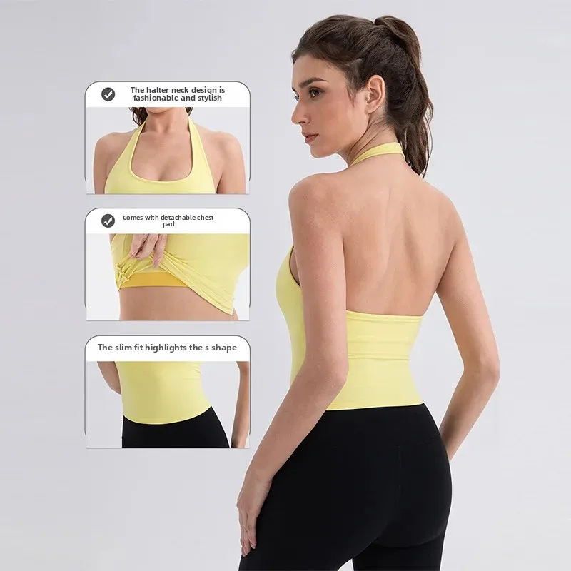 Yoga Halterneck Vest for Women, Nude Sports Running Vest with Chest Pad, Beautiful Back, Sexy Sports Fitness Bra Top