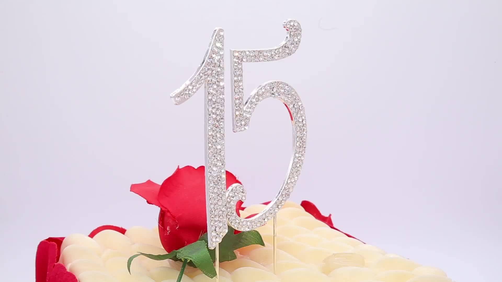 Number 15 Quinceanera Rhinestone Princess Crown Monogram Cake Topper Sweet 15th Birthday Party