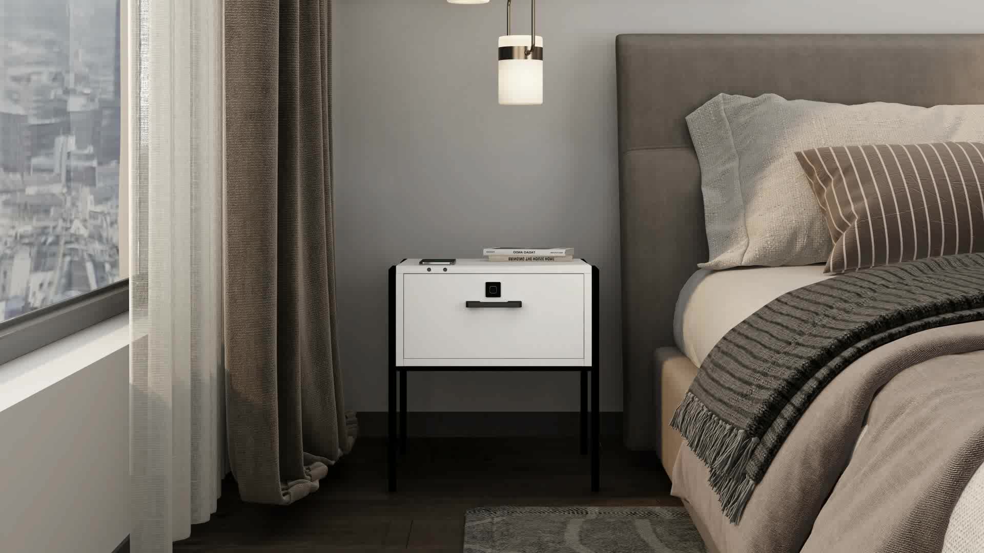 Modern European Black Smart Nightstands With Wireless Charger Metal