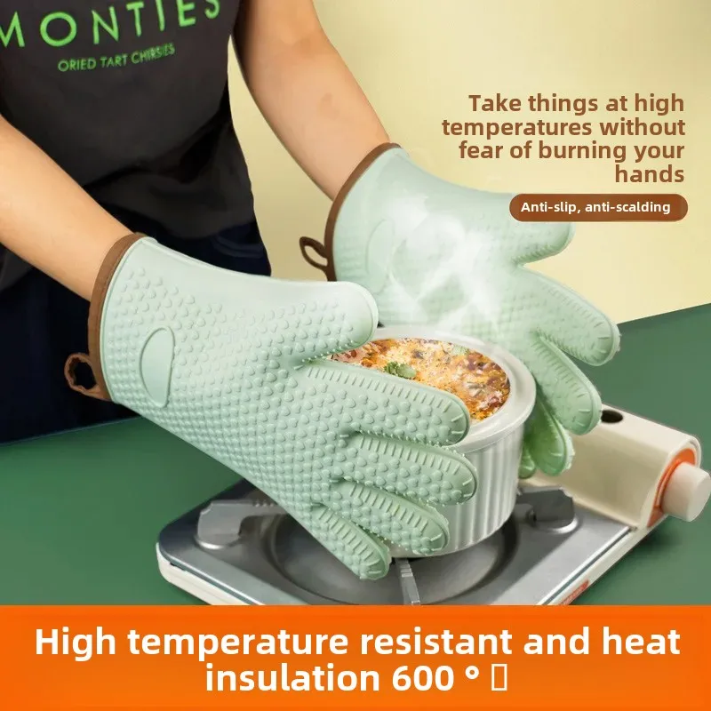 Household Oven Special Baking Gloves High Temperature Resistant Silicone Microwave Anti-scalding Thickened Kitchen Anti-slip Thermal Insulation Gloves