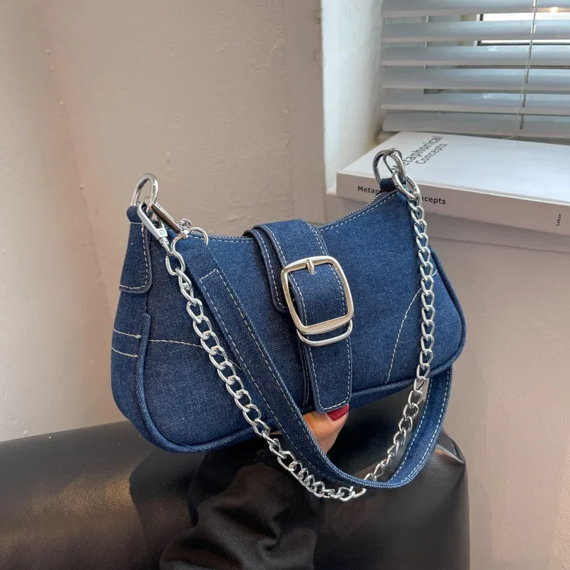 High-end Denim Canvas Underarm Bag Women's Fashionable Chain Shoulder Crossbody Bag Spring All-match Shoulder Dumpling Bag