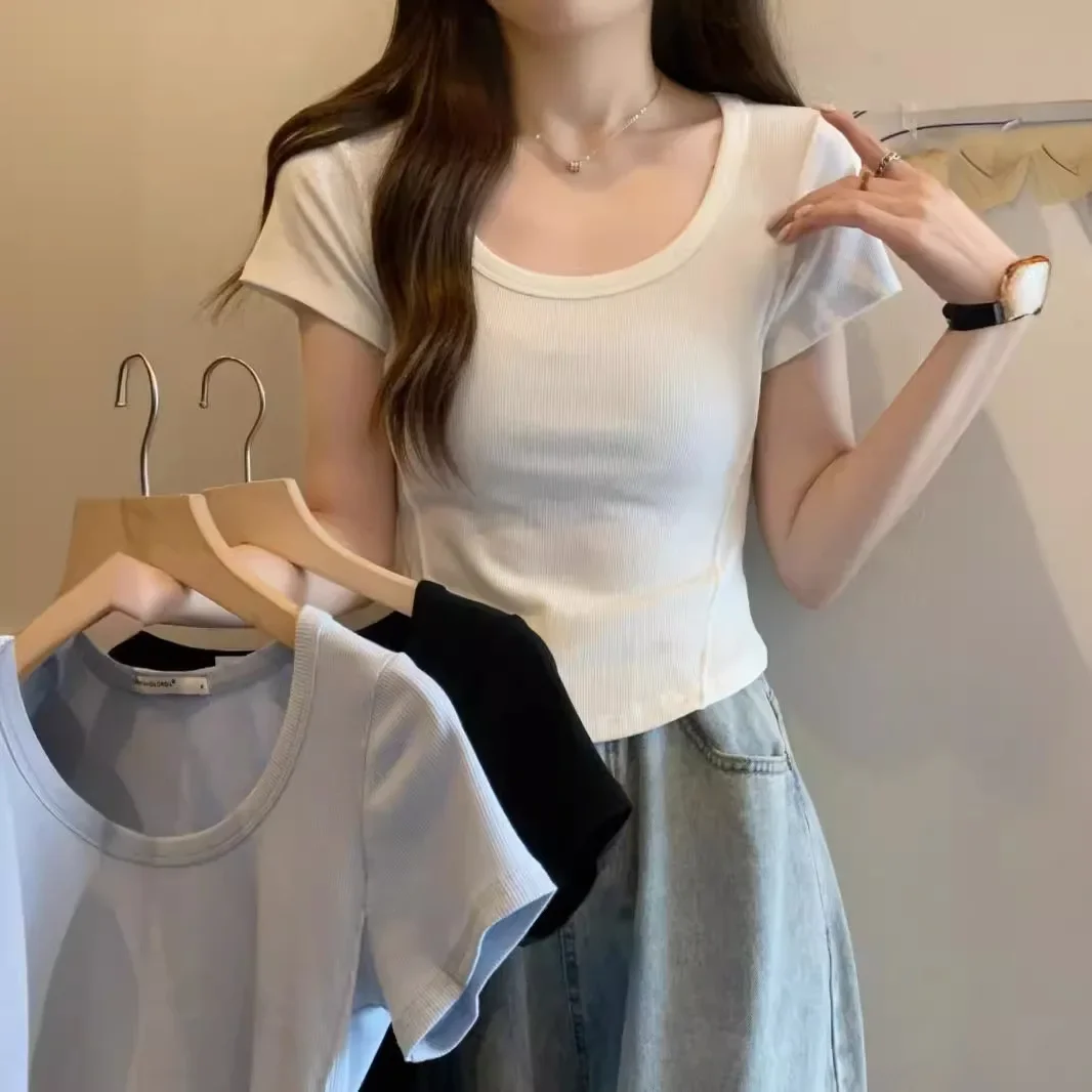 Unstructured U-neck women's short sleeve T-shirt 2025 summer new Korean style slim high-waisted short student plain color top trendy