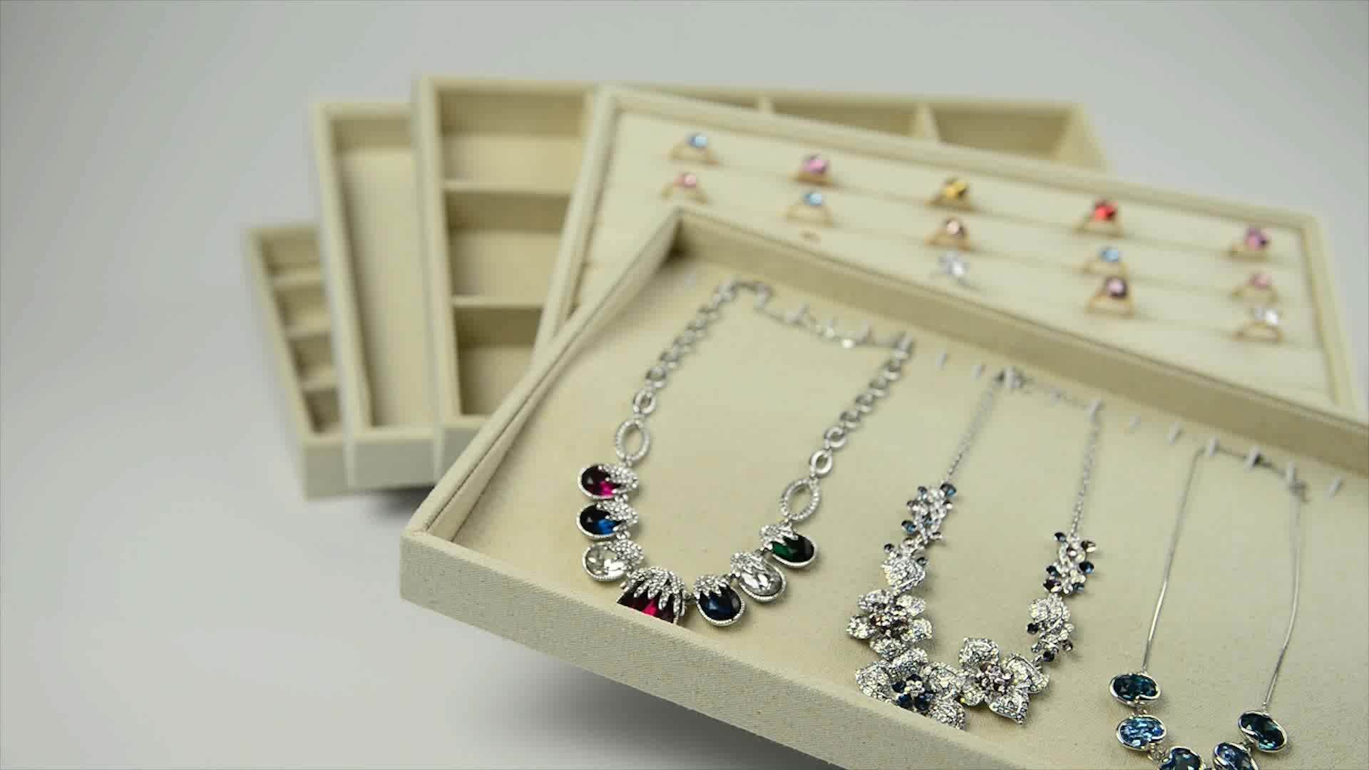 Fanxi Clustom Exquisite Beige Linen Ring Necklace Display Collection Holder Tray Linen Jewelry