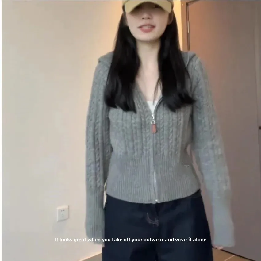 Thick Crochet Hooded Cardigan Women's 2024 Autumn/Winter New Slimming Waist Short Knit Top