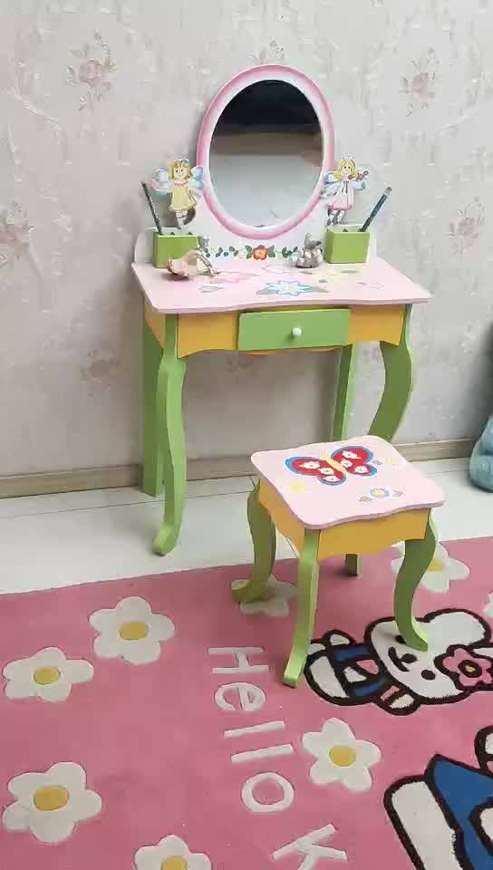 Kids Toy Vanity Girls Dresser With Mirror Wooden Drawer Makeup Dressing