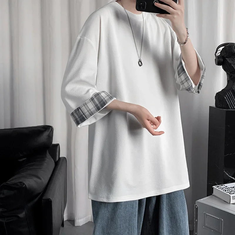 Men's Grid-Panel Short Sleeve T-Shirt, Trendy Brand, Hong Kong Style, Summer, Student, Loose Fit, Crew Neck, Large Size Men's Top