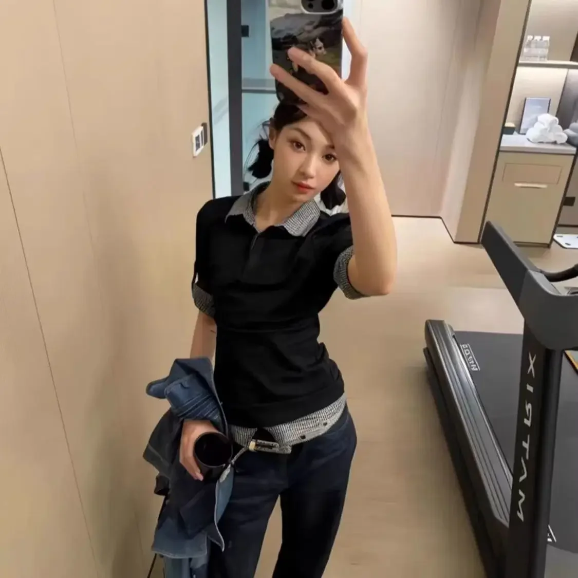 Korean-Style Preppy Lazy Plaid Patchwork Polo Collar Color-Block Short-Sleeve T-Shirt for Women, Summer Slimming Top for Women