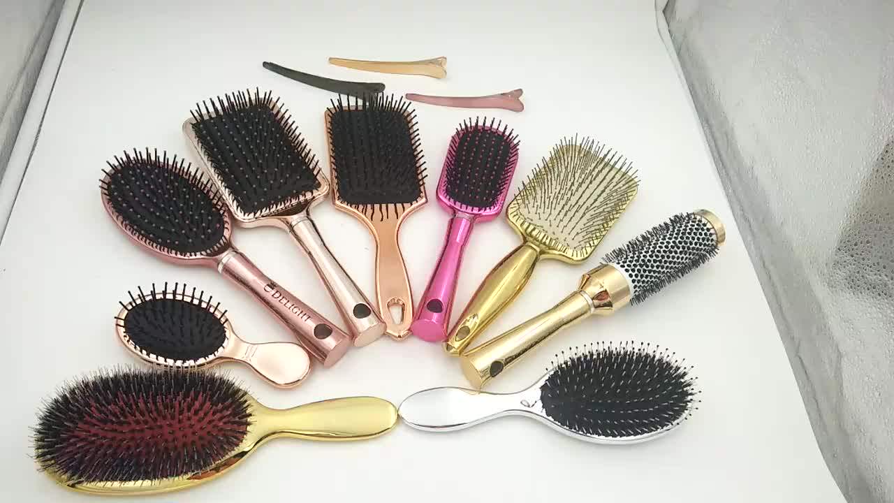 Creative Art Shiny Gold Bling Paddle Metal Hair Brush For Massage Electroplating Finish