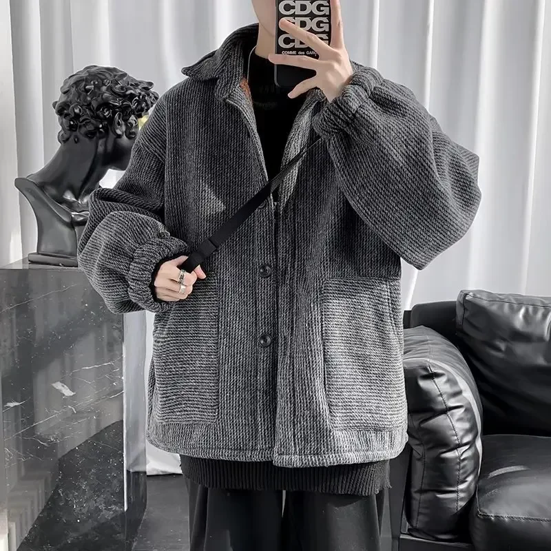 2024 autumn tide men's fleece-lined thickened fried street Harajuku wind Korean Hong Kong wind ins coat coat tide a generation of hair
