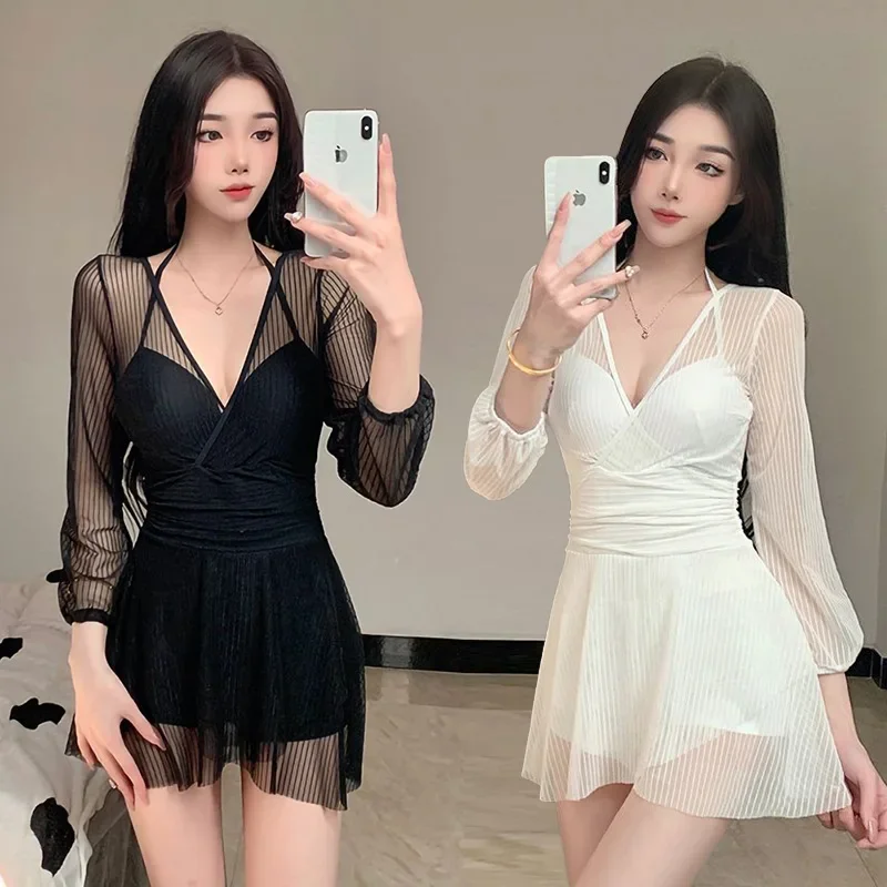 Swimsuits for women summer 2025 new one-piece dress style belly-covering and slimming conservative lace long-sleeved small breast steel support hot spring swimsuit