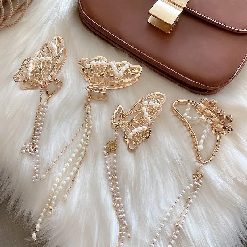 Japanese and Korean-style Metal Butterfly Tassel Clip Korean Girly Elegant Elegant Pearl Hairpin Headwear Hairpin Women
