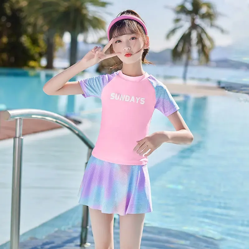 Children's cute summer beach split swimwear, with short sleeve, sun protection, for teenagers