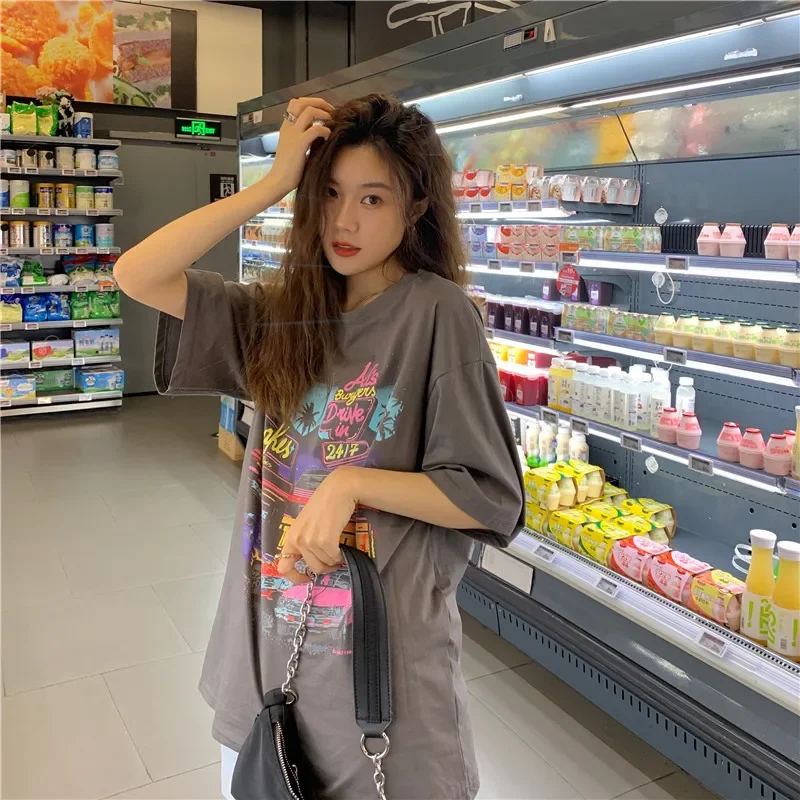 Korean Vintage Print Summer Loose Short-Sleeve T-Shirt for Women 2025 Spring Plus Size Base Layer Top Women's Wholesale