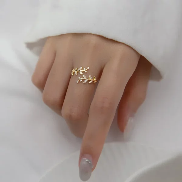 European and American Style Fresh and Simple Diamond-Encrusted Leaf and Branch Open Ring, Fashionable and Elegant, Minimalist Adjustable Jewelry