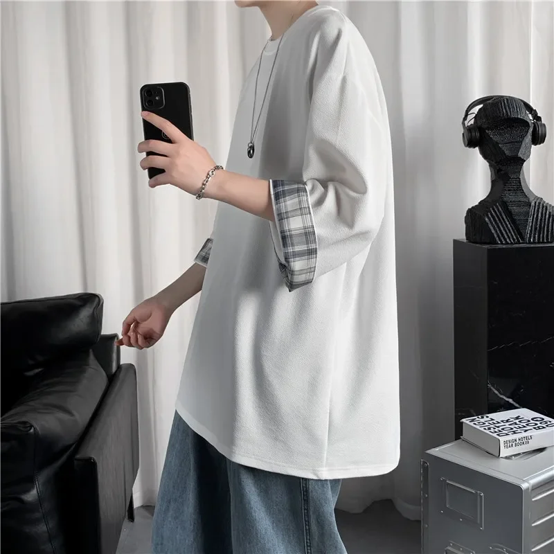 Men's Grid-Panel Short Sleeve T-Shirt, Trendy Brand, Hong Kong Style, Summer, Student, Loose Fit, Crew Neck, Large Size Men's Top