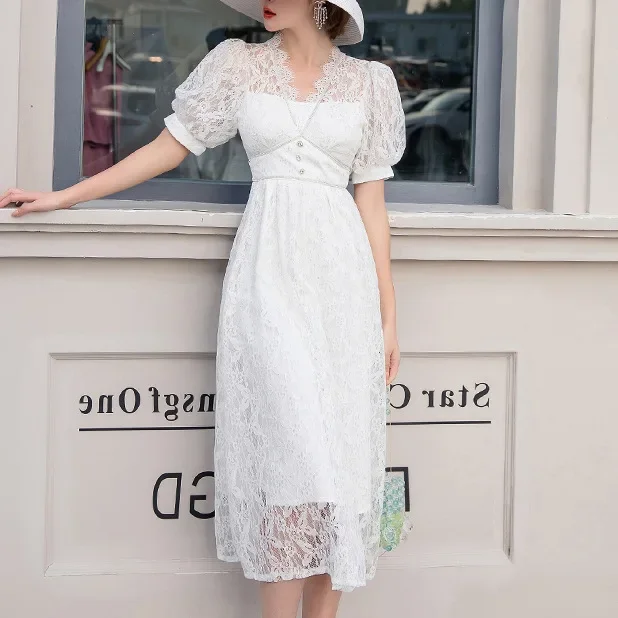 Đầm maxi nữ thắt eo ren trắng họa tiết hoa — Hồng, Trắng
