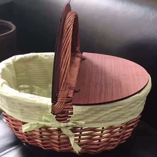 Handmade Rectangular Picnic Storage Wicker Basket With Lid And Liner
