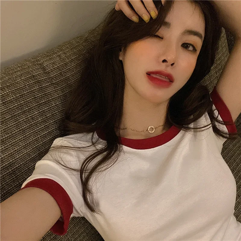 2025 Summer Solid Color Korean Cross-border Short-sleeved T-shirt Women's Slim Solid Color Women's Top Foreign Trade Clothes Selected 