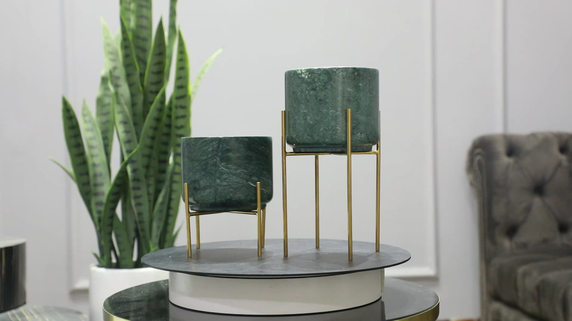 Wholesale Natural Green Round Marble Flower Plant Pots With Metal Stand