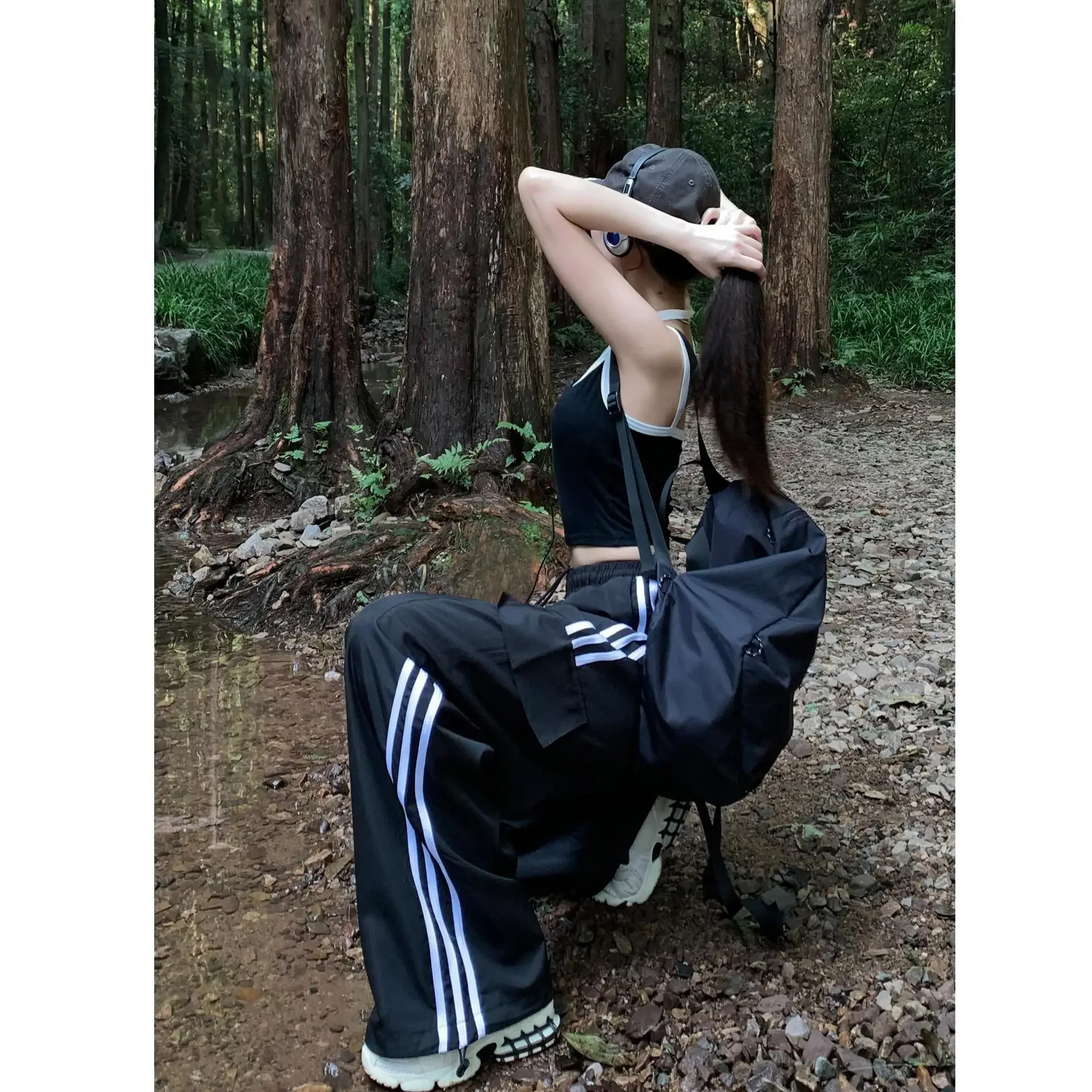 Spring and Autumn New retro three bars outdoor hiking overalls women's wide leg sports pants high waist mopping pants fashion