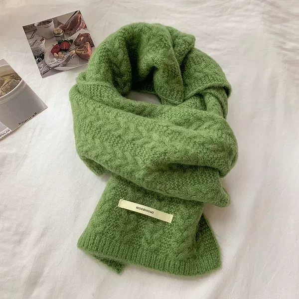 Avocado green wool knitted wool scarf women's autumn and winter Korean style solid color warm thickened student twist scarf
