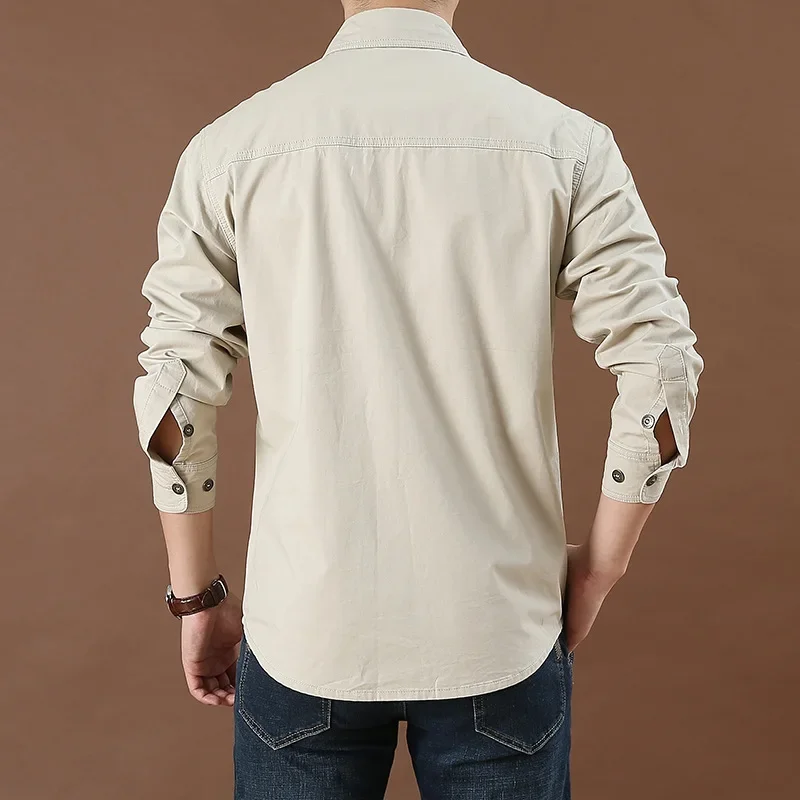 Men's Loose Long-Sleeve Casual Shirt New Plus Size Solid Color Middle-Aged Collar Shirt Autumn Work Pocket Style
