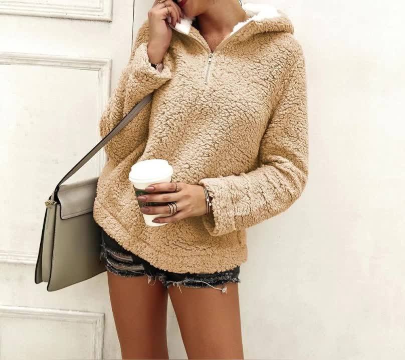 Women Sherpa Lined Hoodies Pullover Winter Fleece Fluffy Sweater Zipper