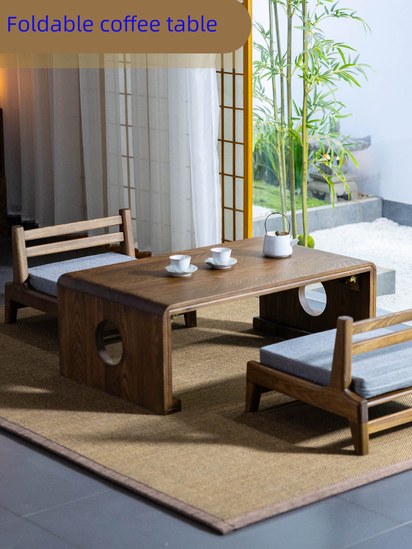 Foldable Solid Wood Tatami Coffee Table, Japanese-Style Old Elm Bay Window Small Table, Zen Tea Table, Low Table, Kang Table, Kang Desk