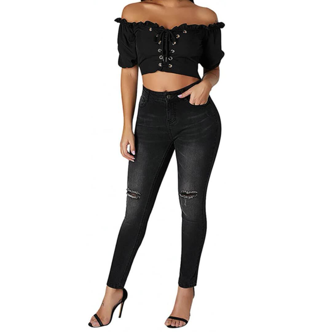 Jeans Neri Alla Caviglia Skinny Elasticizzati Strappati Da Donna Popolari  Di Moda - Buy Jeans Neri,Delle Donne Dei Jeans,Skinny Jeans Delle Donne  Product on Alibaba.com