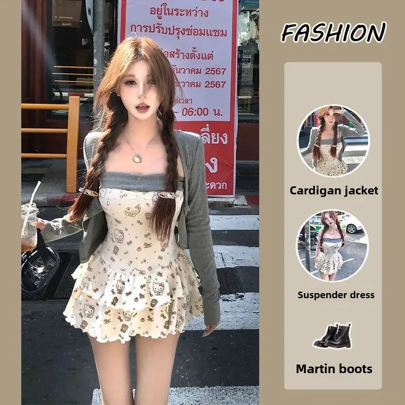 Gentle and Elegant Pure Desire Style Spaghetti Strap Dress for Women, 2026 Summer New Sweet and Spicy Floral Slim-Fit Two-Piece Set