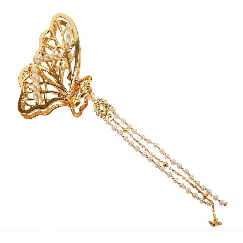 Japanese and Korean-style Metal Butterfly Tassel Clip Korean Girly Elegant Elegant Pearl Hairpin Headwear Hairpin Women