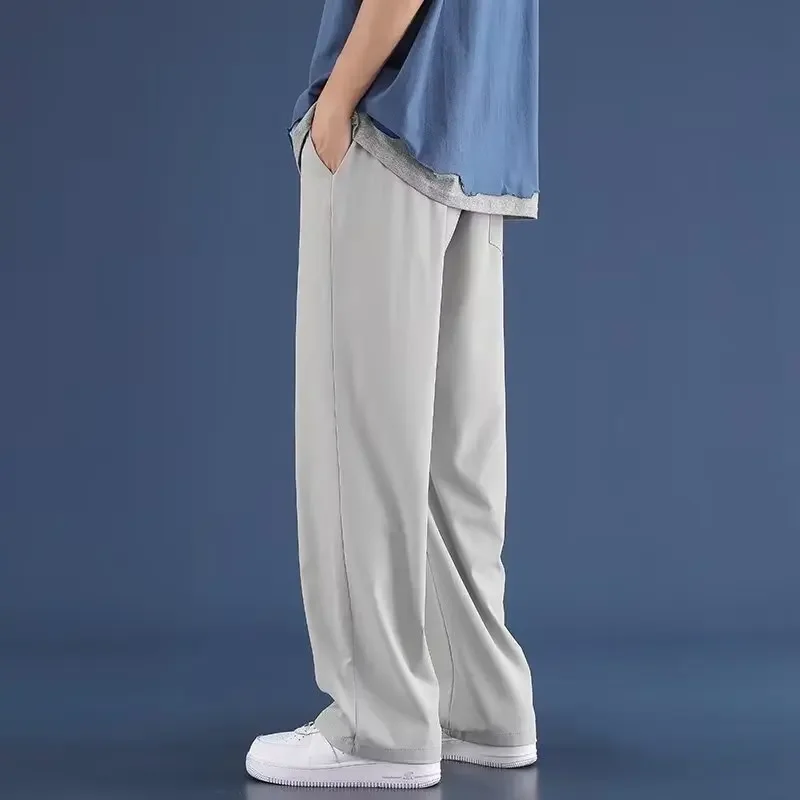 Men's Summer Thin Loose Fit Oversized Ice Silk Casual Straight Leg Elastic Quick-Dry Pants with Drooping Sensation