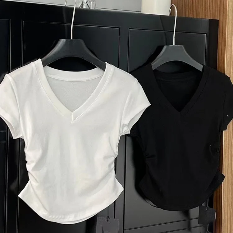 American-style V-neck solid color regular shoulder short-sleeve women's summer top with design sense, niche waist-cinch pleated slimming hot girl t-shirt base layer
