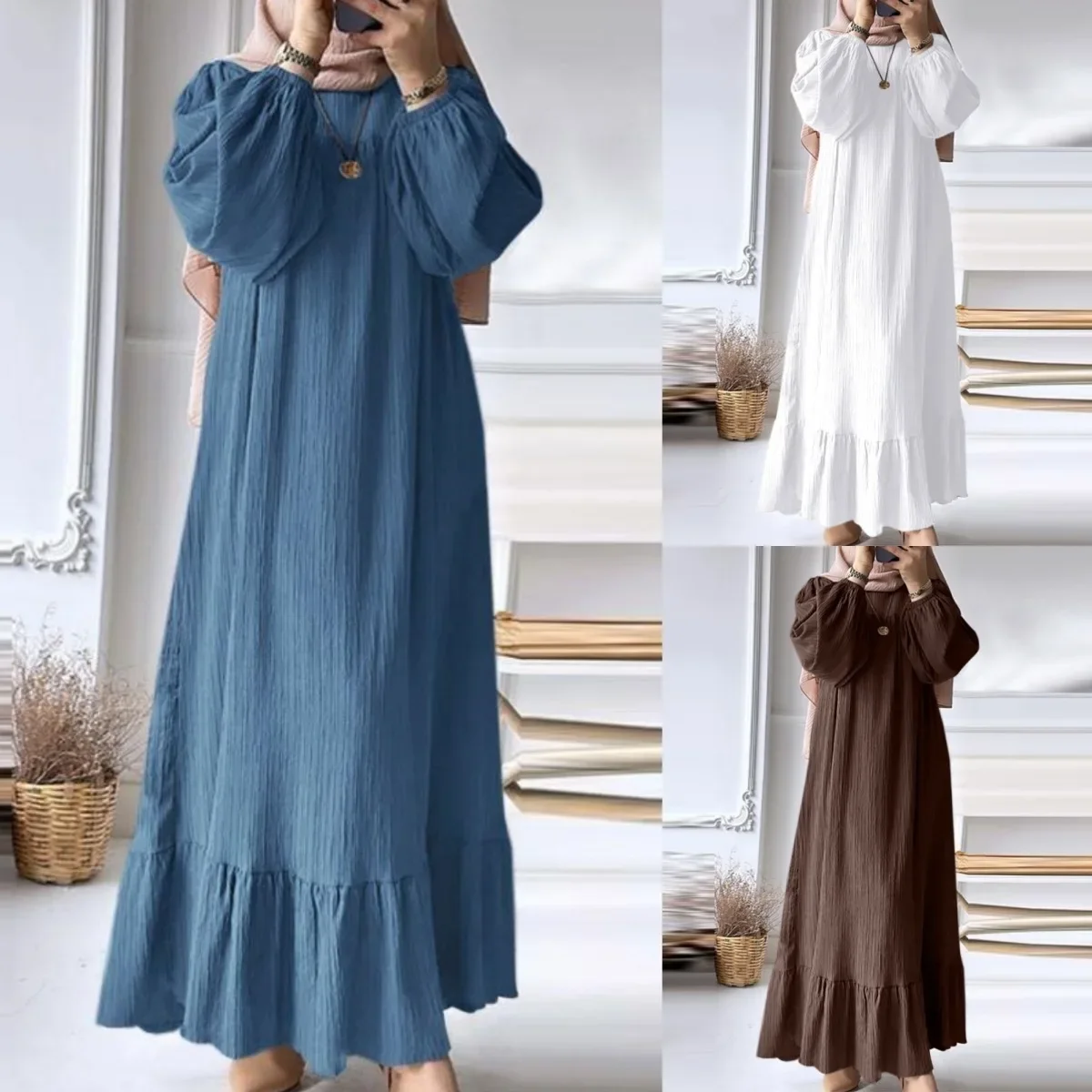 2025 Muslim Women's Robe Spring and Autumn New Fashion Puff Sleeve Vintage Pocket Hem Ruffled dress