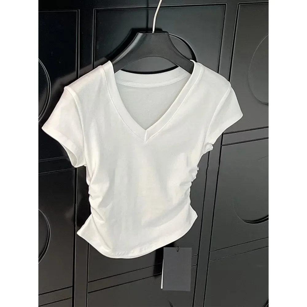 American-style V-neck solid color regular shoulder short-sleeve women's summer top with design sense, niche waist-cinch pleated slimming hot girl t-shirt base layer