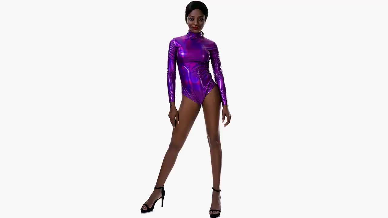 Metallic Body Damen Langarm Wetlook Square Neck - Glänzender Ballettanzug Gymnastikanzug Party Bodysuit