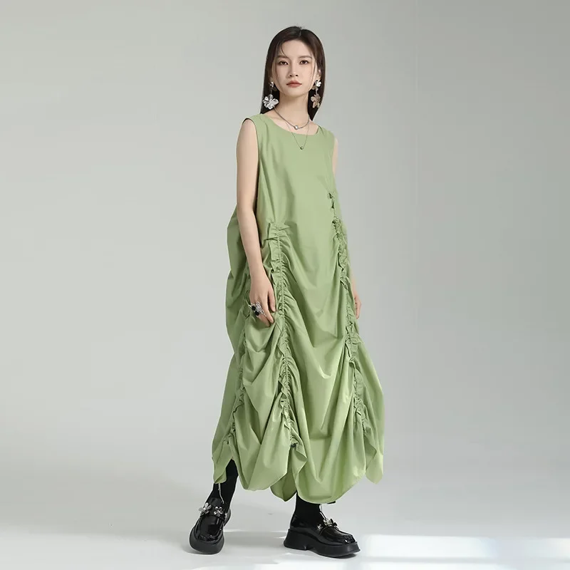 中創日臻2025夏季新款可鹽可甜抽褶背心裙子 不規則大擺連衣裙女