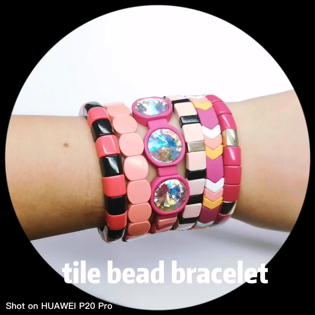 High Quality Pink Enamel Tile Stacked Bracelets Set Rainbow Painted
