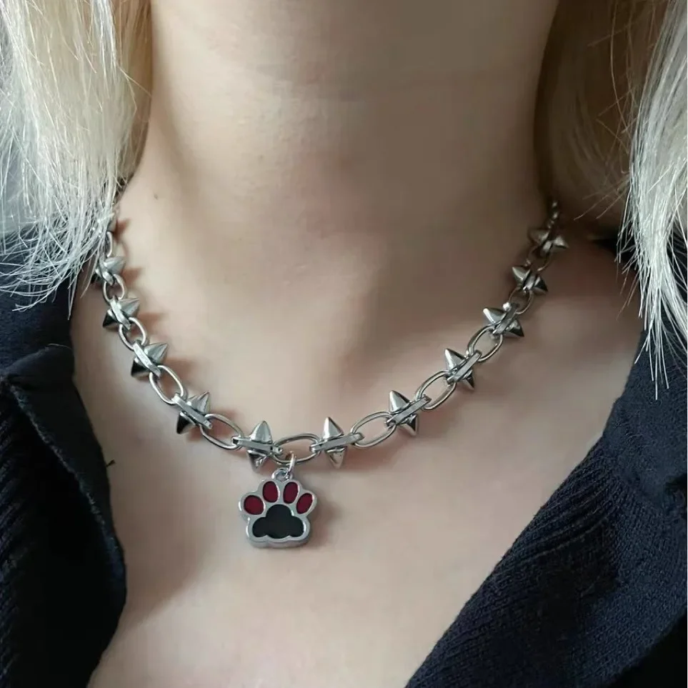 叛逆肉球貓爪鉚釘項鍊 y2k辣妹暗黑搖滾朋克甜酷紅黑ins小眾百搭
