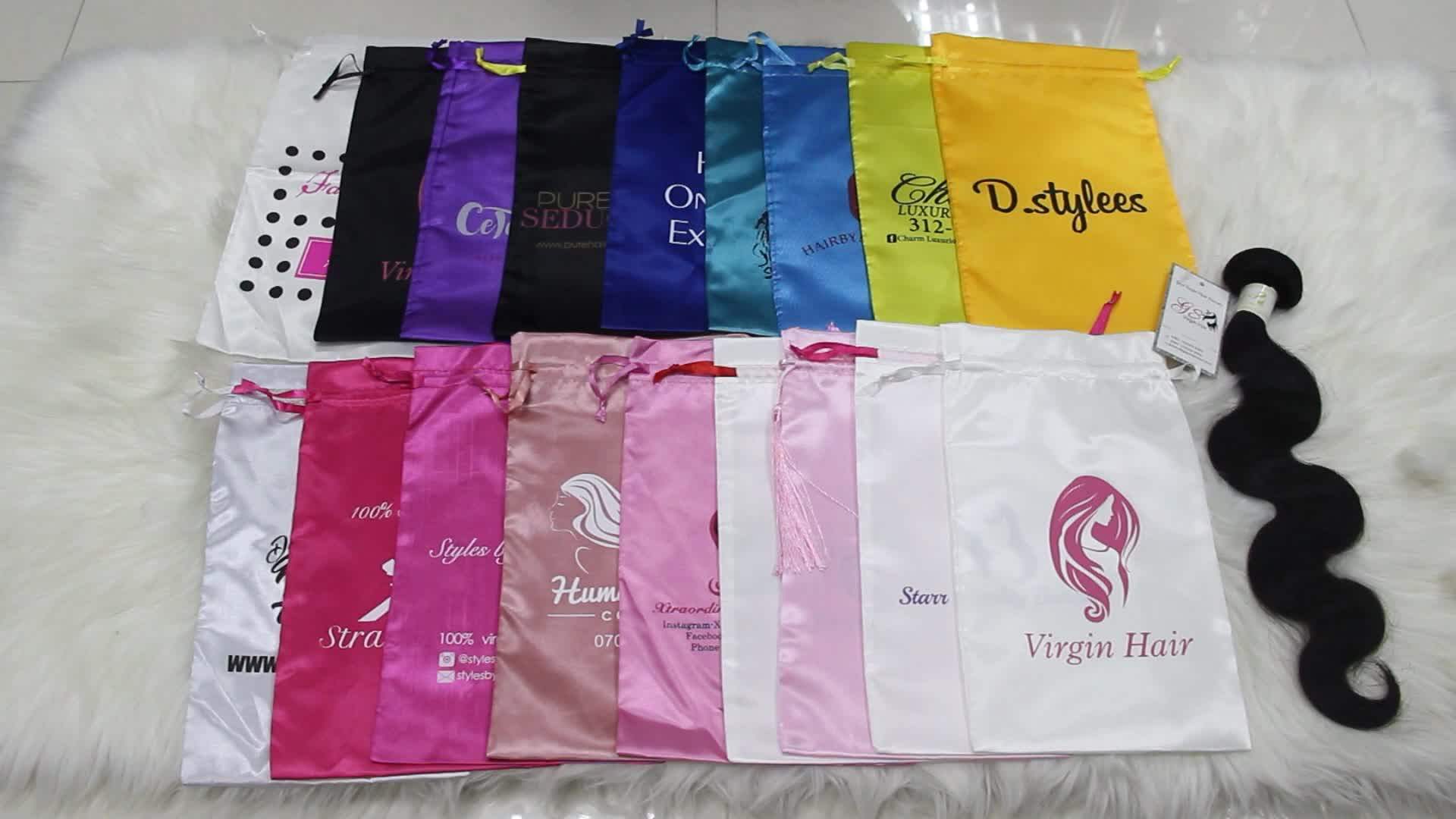 Custom Package Drawstring Satin Silk Bag For Hair Extension Bundle,Hair