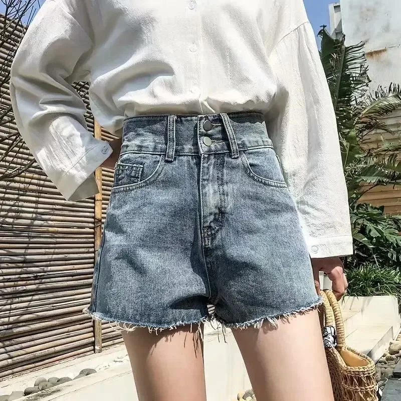 Double buckle Denim shorts women's summer new Korean style high waist slimming loose all-match A- line wide leg hot pants fashion