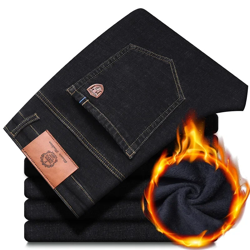 Direct Manufacturer Sales Winter Fleece Denim Jeans for Men Autumn and Winter Loose Straight Leg Elastic Men's Thick Warm Long Pants