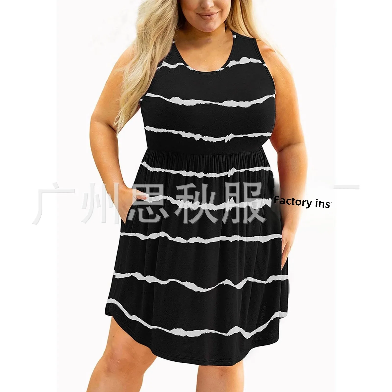 2024 Amazon Aliexpress Plus Size Women's Summer Casual Dress with Pocket Round Neck Knitted Solid Color Print