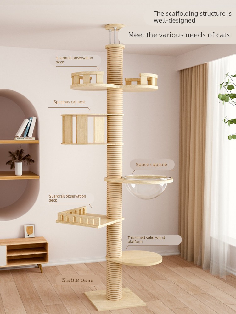 Solid Wood Cat Climbing Frame with a Pillar Reaching to the Ceiling, Space-Saving Cat Shelf for Small Apartments, Cat Nest, Cat Tree, Integrated Cat Toys