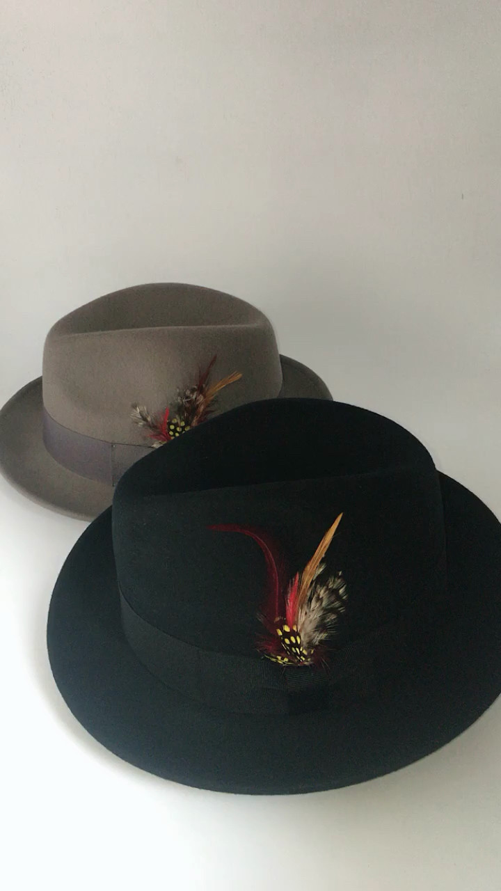 Pure Wool Felt Feather Decorative Gentle Men Black Fedora Winter Hat