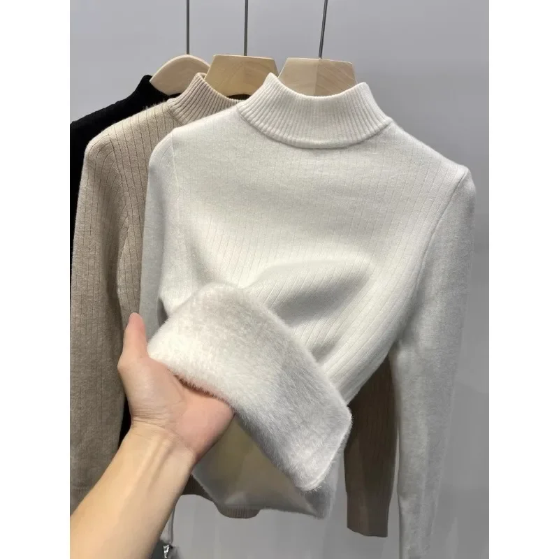 Thickened integrated fuzzy half-sleeve women's winter new warm and warm innerwear plain color versatile base knit sweater