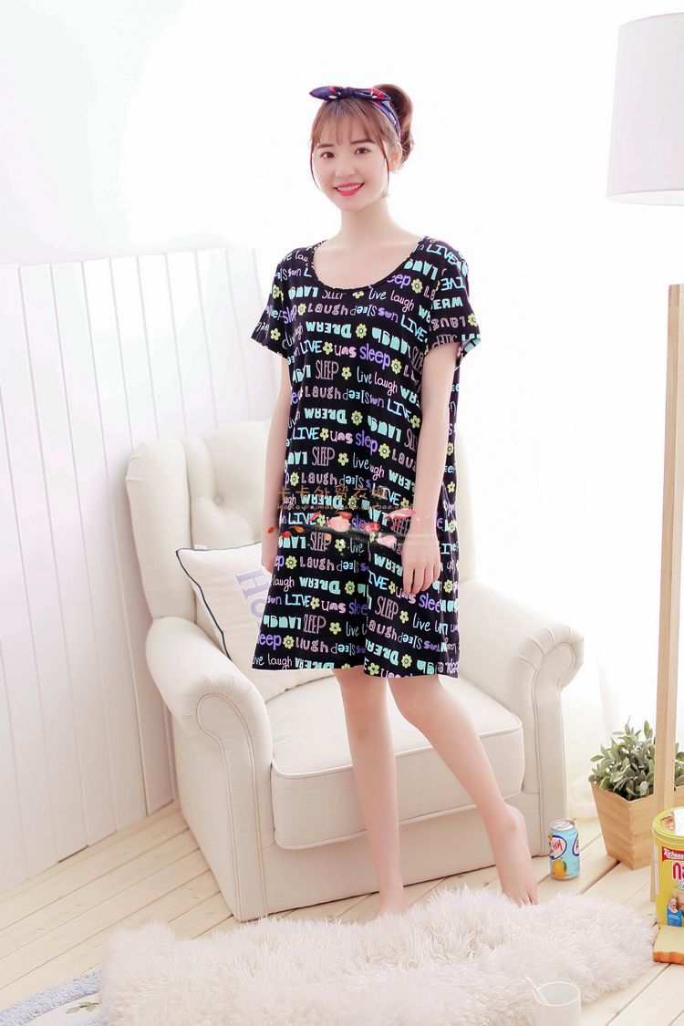 Đồ ngủ nữ mùa xuân và mùa hè ngọt ngào dễ thương ngắn tay nightdress vòng cổ bông dịch vụ nhà kích thước lớn thai sản dress cộng với chất béo váy