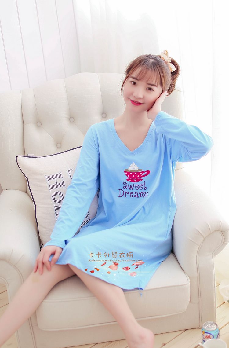 Mùa xuân và mùa hè phần mỏng ladies nightdress cộng với chất béo kích thước lớn vòng cổ dài tay váy đan nightdress đồ ngủ Châu Âu mã đơn giản ...